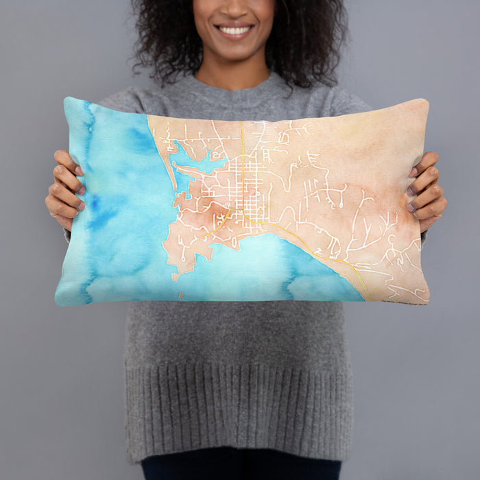 Person holding 20x12 Custom Port Orford Oregon Map Throw Pillow in Watercolor