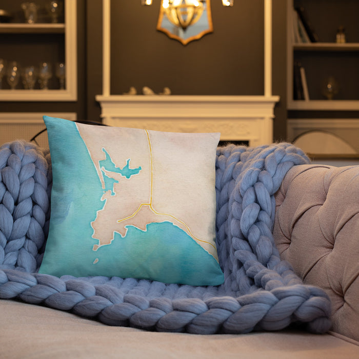Custom Port Orford Oregon Map Throw Pillow in Watercolor on Cream Colored Couch