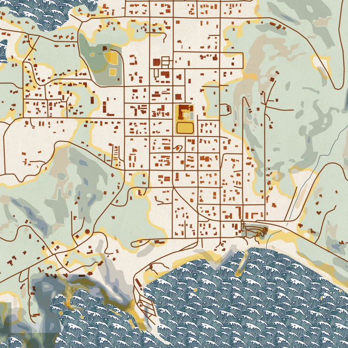 Port Orford Oregon Map Print in Woodblock Style Zoomed In Close Up Showing Details