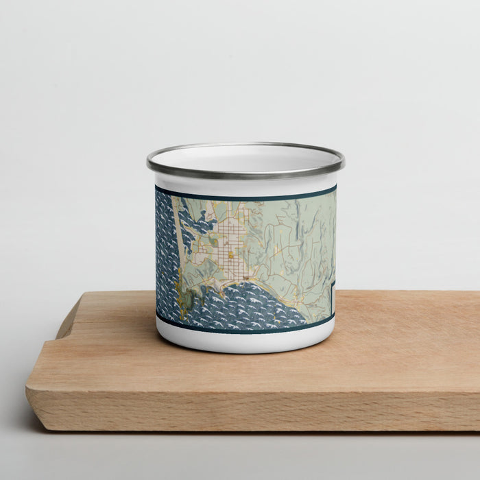 Front View Custom Port Orford Oregon Map Enamel Mug in Woodblock on Cutting Board
