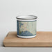 Front View Custom Port Orford Oregon Map Enamel Mug in Woodblock on Cutting Board