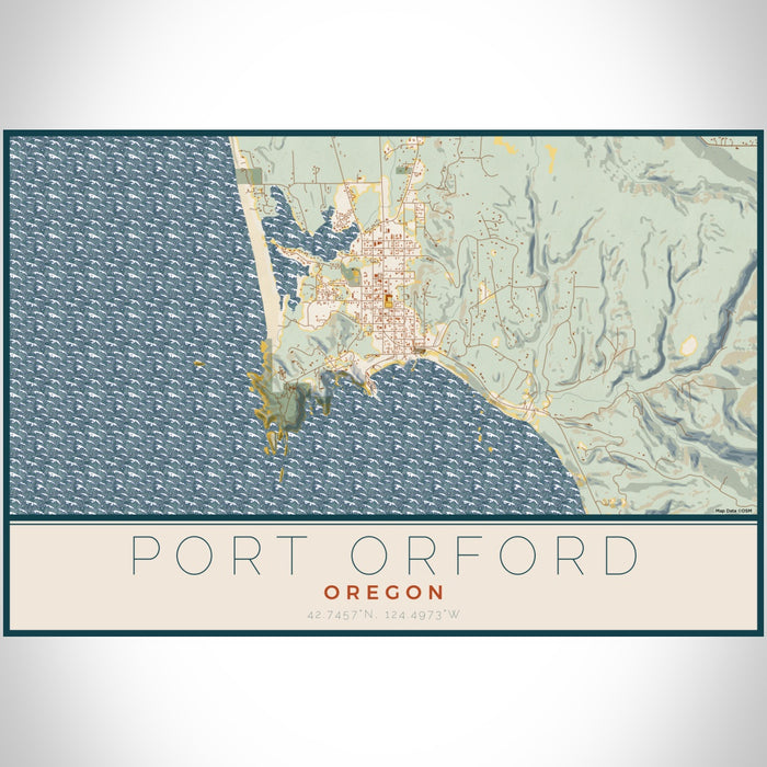 Port Orford Oregon Map Print Landscape Orientation in Woodblock Style With Shaded Background