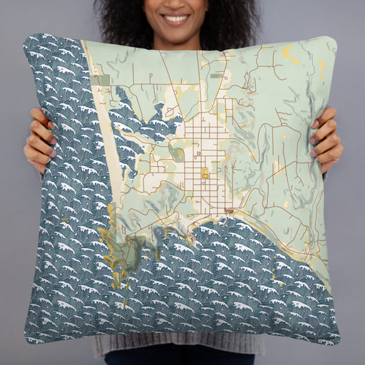 Person holding 22x22 Custom Port Orford Oregon Map Throw Pillow in Woodblock