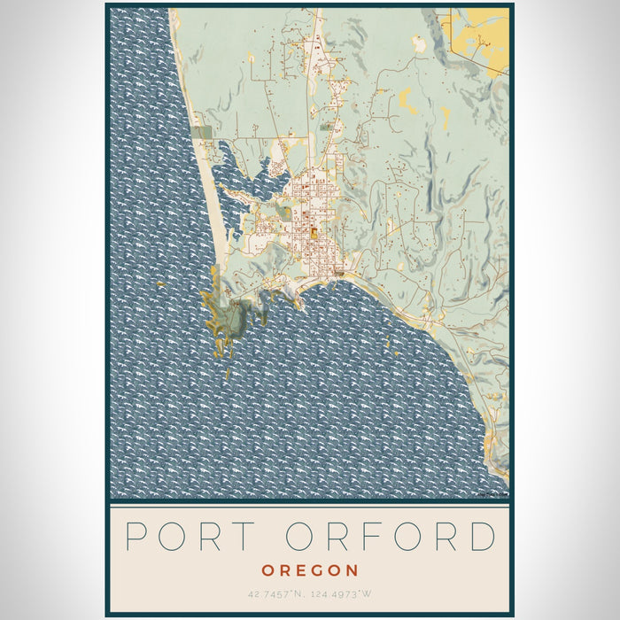 Port Orford Oregon Map Print Portrait Orientation in Woodblock Style With Shaded Background