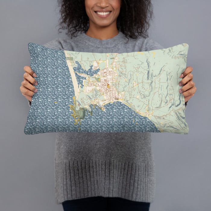 Person holding 20x12 Custom Port Orford Oregon Map Throw Pillow in Woodblock