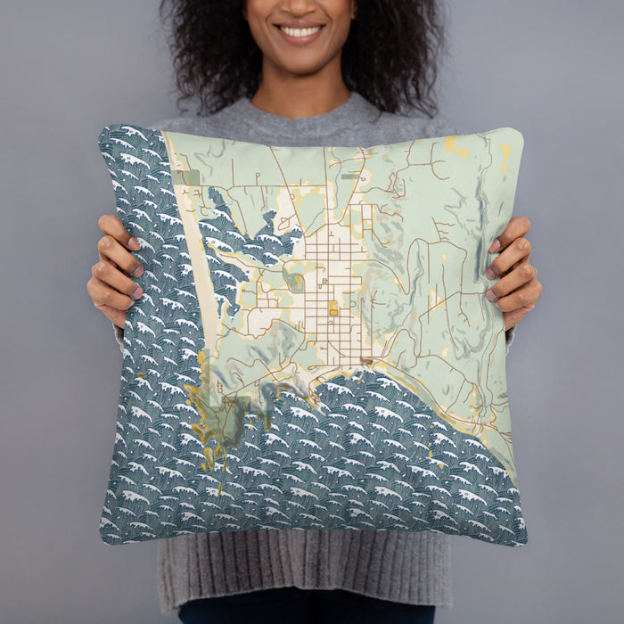 Person holding 18x18 Custom Port Orford Oregon Map Throw Pillow in Woodblock