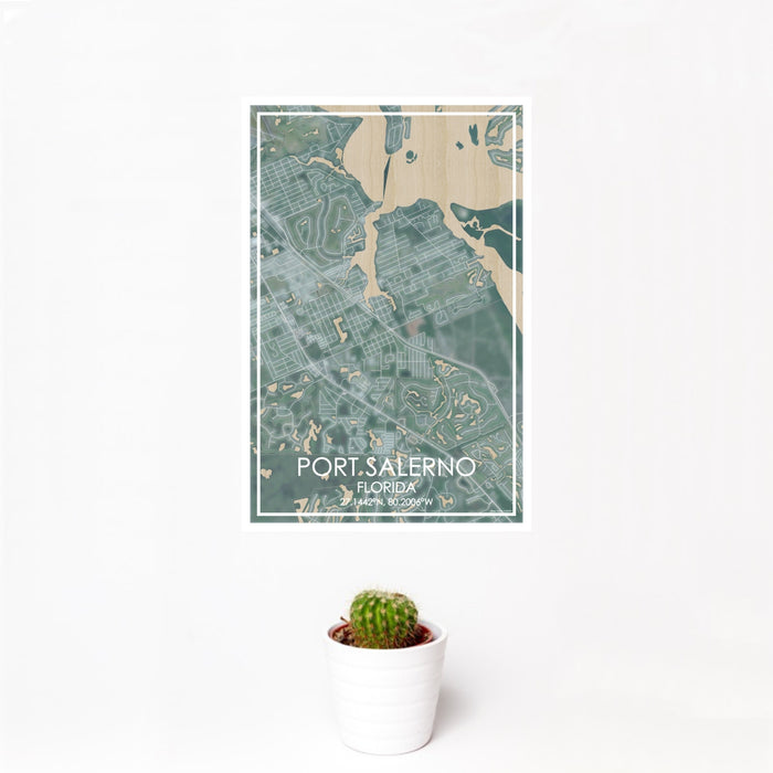 12x18 Port Salerno Florida Map Print Portrait Orientation in Afternoon Style With Small Cactus Plant in White Planter
