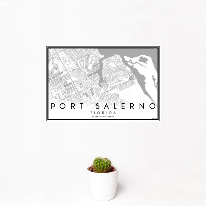12x18 Port Salerno Florida Map Print Landscape Orientation in Classic Style With Small Cactus Plant in White Planter