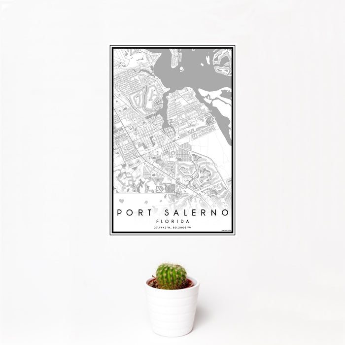 12x18 Port Salerno Florida Map Print Portrait Orientation in Classic Style With Small Cactus Plant in White Planter