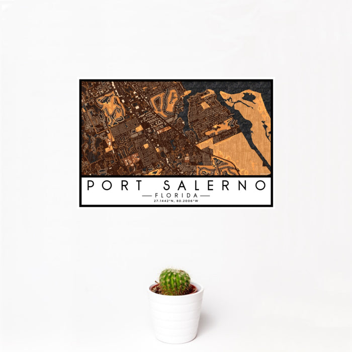 12x18 Port Salerno Florida Map Print Landscape Orientation in Ember Style With Small Cactus Plant in White Planter