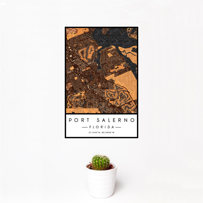 12x18 Port Salerno Florida Map Print Portrait Orientation in Ember Style With Small Cactus Plant in White Planter