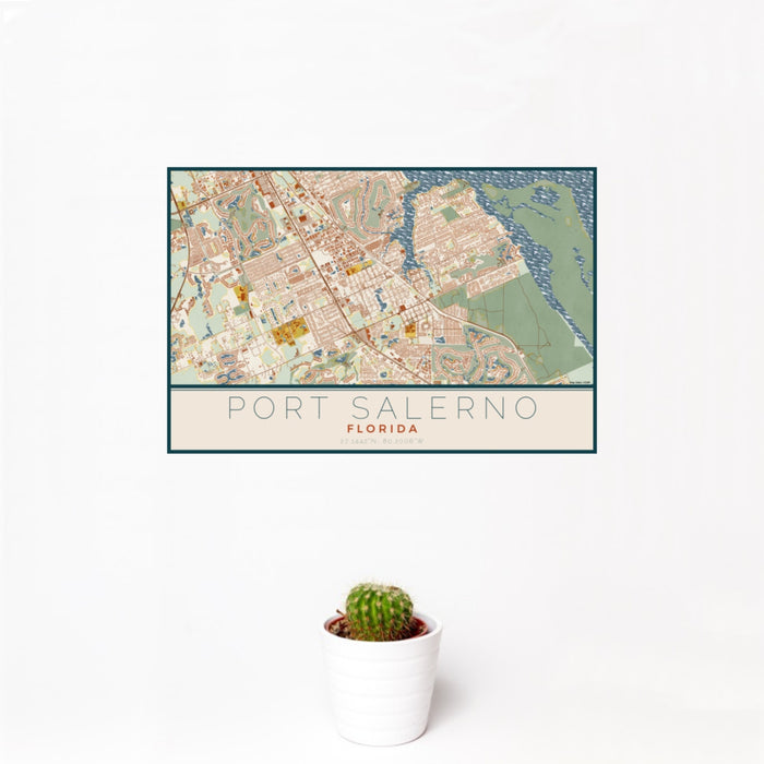 12x18 Port Salerno Florida Map Print Landscape Orientation in Woodblock Style With Small Cactus Plant in White Planter