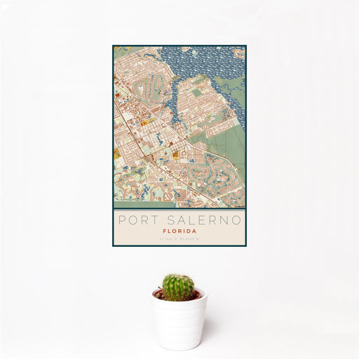 12x18 Port Salerno Florida Map Print Portrait Orientation in Woodblock Style With Small Cactus Plant in White Planter