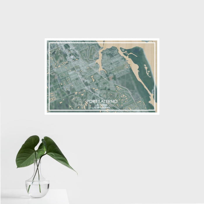 16x24 Port Salerno Florida Map Print Landscape Orientation in Afternoon Style With Tropical Plant Leaves in Water