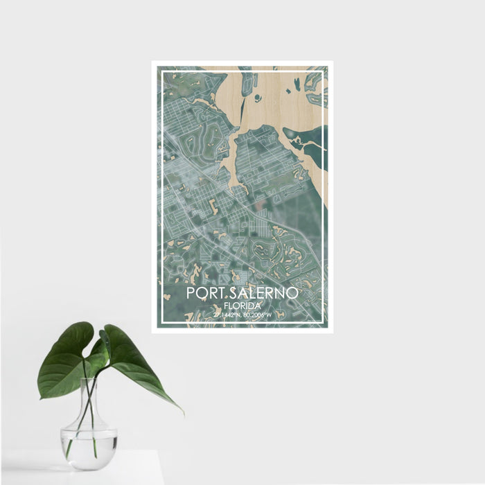 16x24 Port Salerno Florida Map Print Portrait Orientation in Afternoon Style With Tropical Plant Leaves in Water