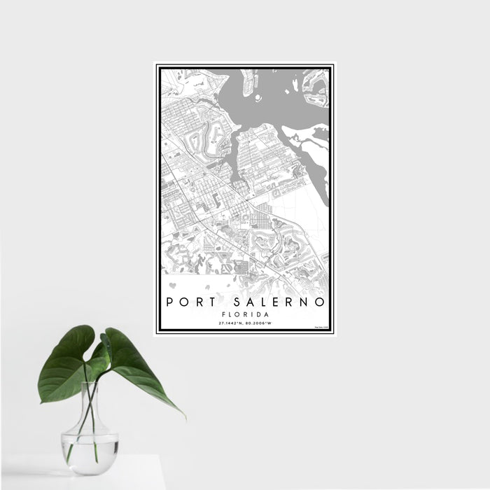16x24 Port Salerno Florida Map Print Portrait Orientation in Classic Style With Tropical Plant Leaves in Water