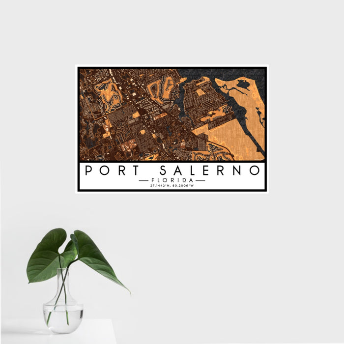16x24 Port Salerno Florida Map Print Landscape Orientation in Ember Style With Tropical Plant Leaves in Water