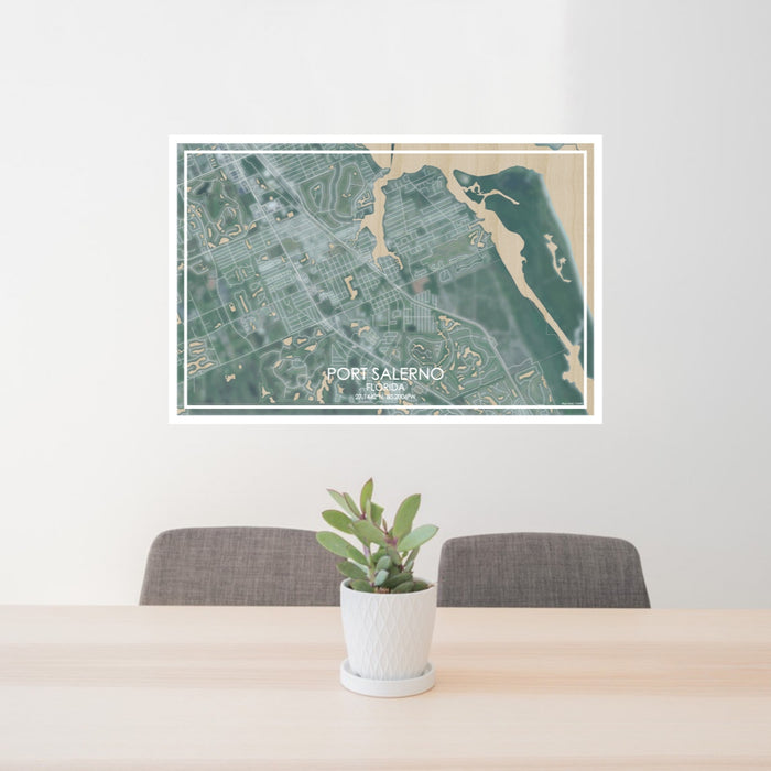 24x36 Port Salerno Florida Map Print Lanscape Orientation in Afternoon Style Behind 2 Chairs Table and Potted Plant