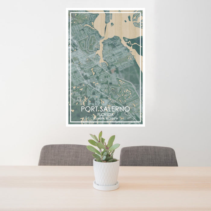 24x36 Port Salerno Florida Map Print Portrait Orientation in Afternoon Style Behind 2 Chairs Table and Potted Plant