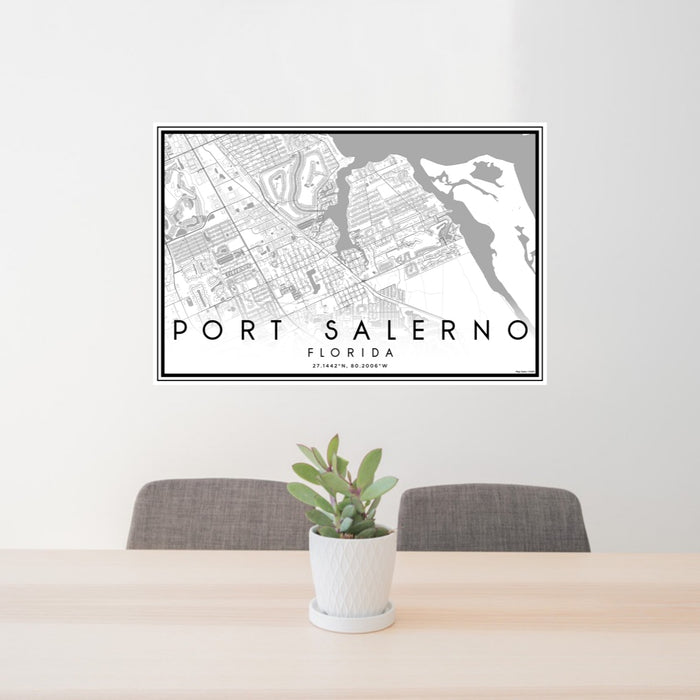 24x36 Port Salerno Florida Map Print Lanscape Orientation in Classic Style Behind 2 Chairs Table and Potted Plant