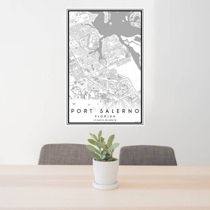 24x36 Port Salerno Florida Map Print Portrait Orientation in Classic Style Behind 2 Chairs Table and Potted Plant