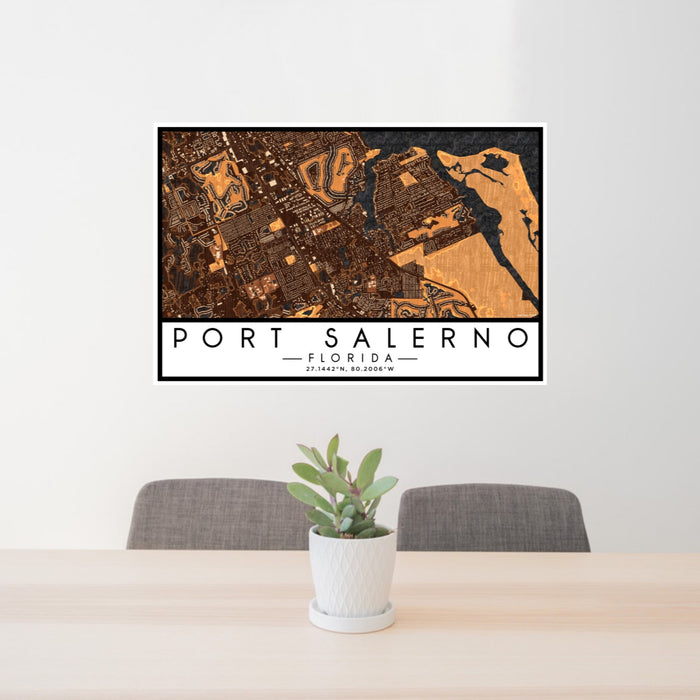 24x36 Port Salerno Florida Map Print Lanscape Orientation in Ember Style Behind 2 Chairs Table and Potted Plant