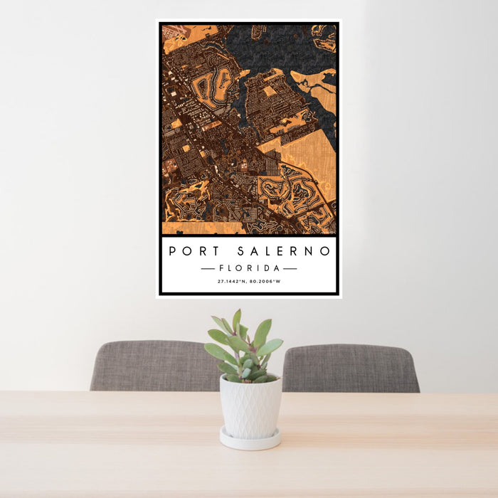 24x36 Port Salerno Florida Map Print Portrait Orientation in Ember Style Behind 2 Chairs Table and Potted Plant