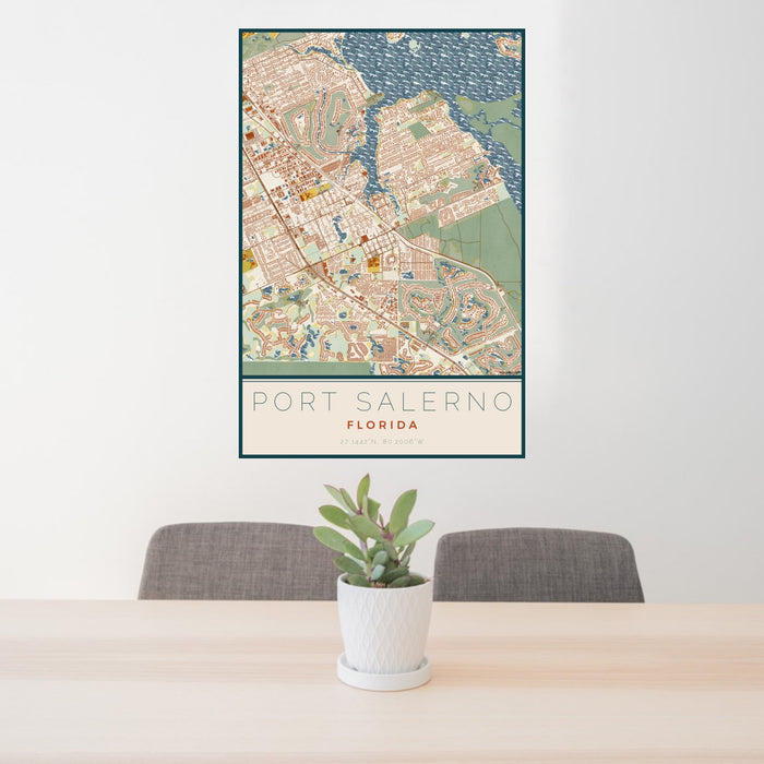 24x36 Port Salerno Florida Map Print Portrait Orientation in Woodblock Style Behind 2 Chairs Table and Potted Plant