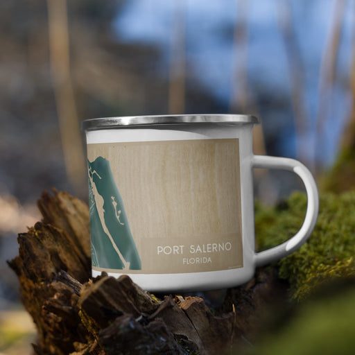 Right View Custom Port Salerno Florida Map Enamel Mug in Afternoon on Grass With Trees in Background