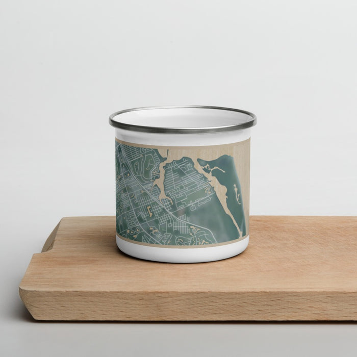 Front View Custom Port Salerno Florida Map Enamel Mug in Afternoon on Cutting Board