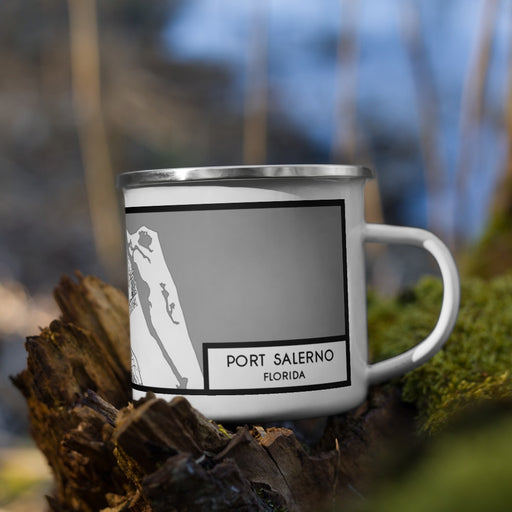 Right View Custom Port Salerno Florida Map Enamel Mug in Classic on Grass With Trees in Background