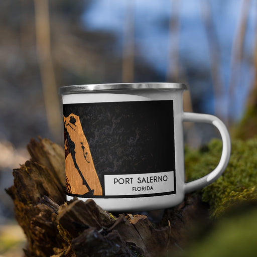 Right View Custom Port Salerno Florida Map Enamel Mug in Ember on Grass With Trees in Background