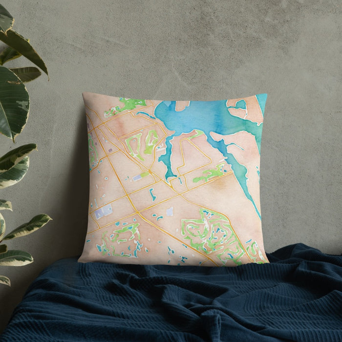 Custom Port Salerno Florida Map Throw Pillow in Watercolor on Bedding Against Wall