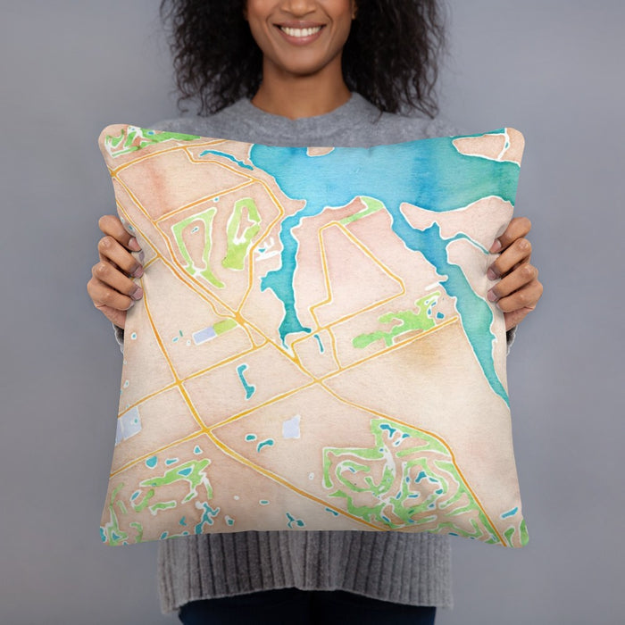 Person holding 18x18 Custom Port Salerno Florida Map Throw Pillow in Watercolor