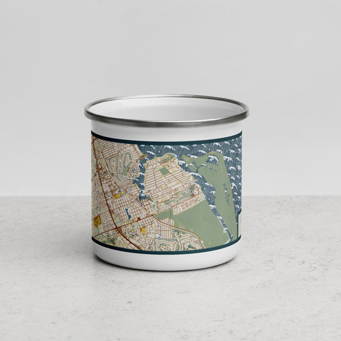 Front View Custom Port Salerno Florida Map Enamel Mug in Woodblock