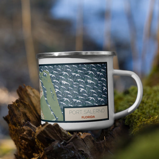 Right View Custom Port Salerno Florida Map Enamel Mug in Woodblock on Grass With Trees in Background