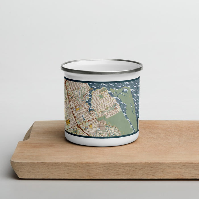Front View Custom Port Salerno Florida Map Enamel Mug in Woodblock on Cutting Board
