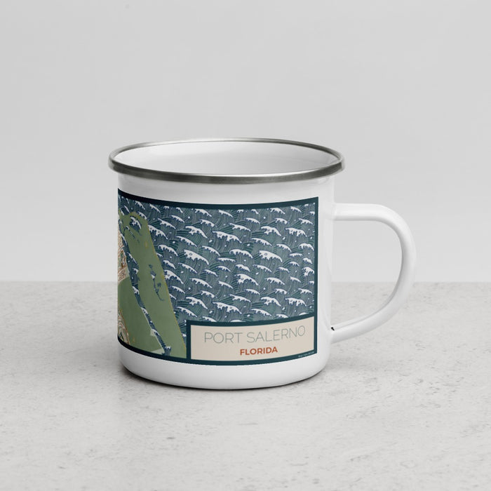Right View Custom Port Salerno Florida Map Enamel Mug in Woodblock