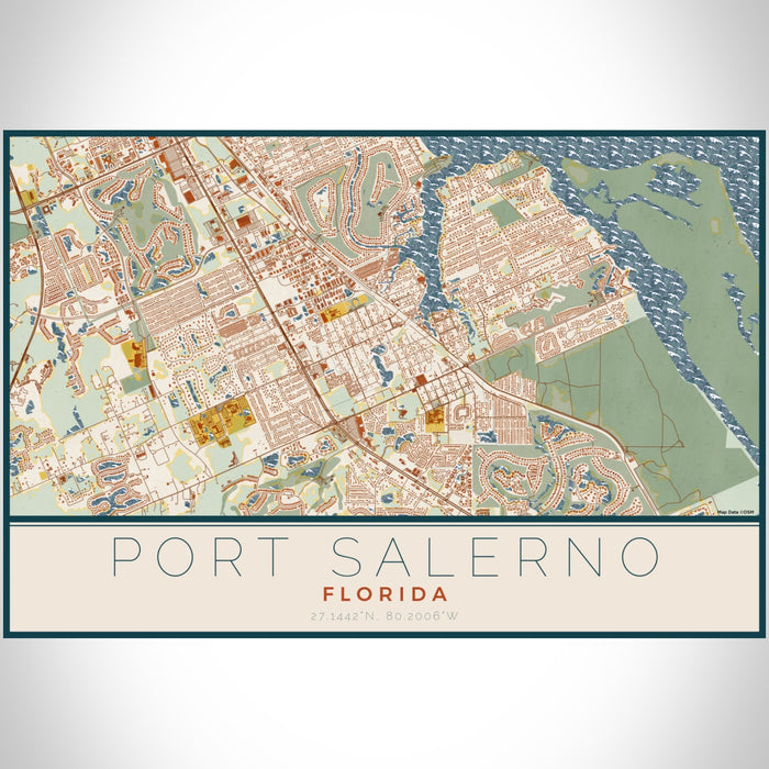 Port Salerno Florida Map Print Landscape Orientation in Woodblock Style With Shaded Background