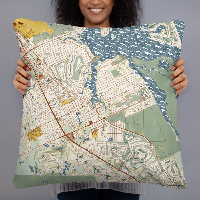 Person holding 22x22 Custom Port Salerno Florida Map Throw Pillow in Woodblock