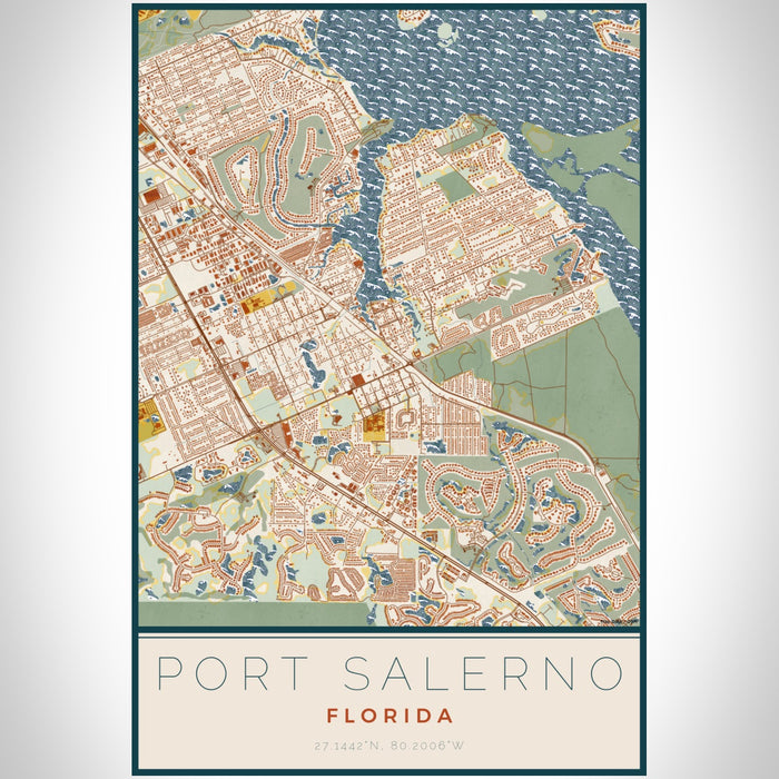 Port Salerno Florida Map Print Portrait Orientation in Woodblock Style With Shaded Background