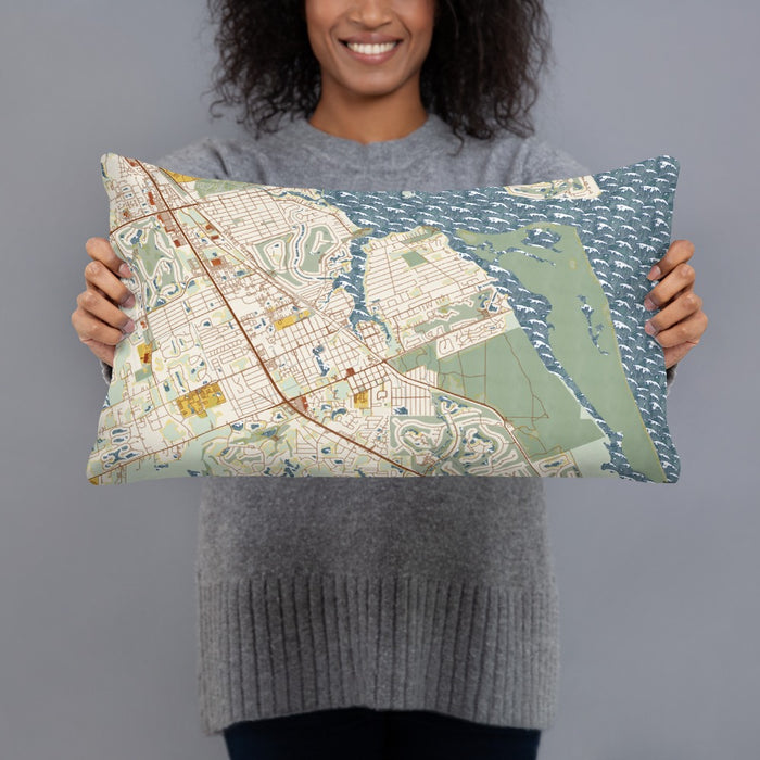 Person holding 20x12 Custom Port Salerno Florida Map Throw Pillow in Woodblock