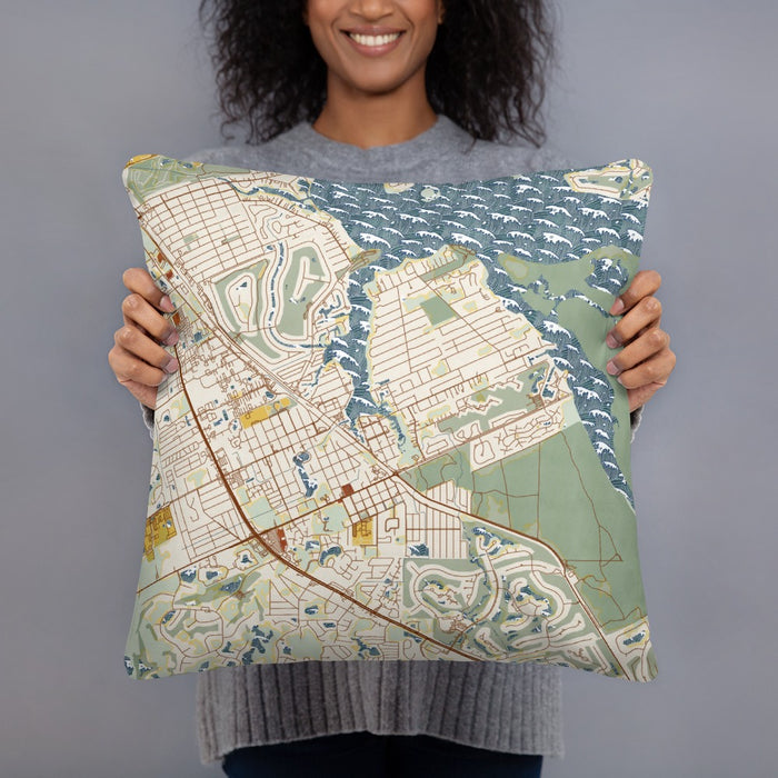 Person holding 18x18 Custom Port Salerno Florida Map Throw Pillow in Woodblock