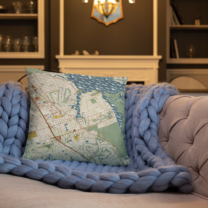 Custom Port Salerno Florida Map Throw Pillow in Woodblock on Cream Colored Couch