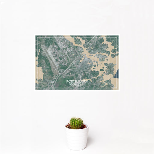 12x18 Portsmouth New Hampshire Map Print Landscape Orientation in Afternoon Style With Small Cactus Plant in White Planter