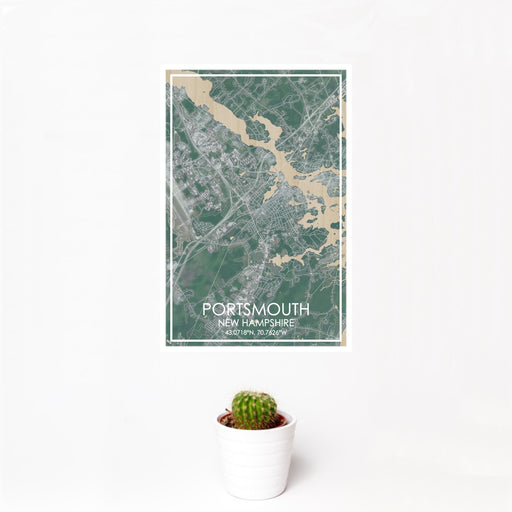 12x18 Portsmouth New Hampshire Map Print Portrait Orientation in Afternoon Style With Small Cactus Plant in White Planter