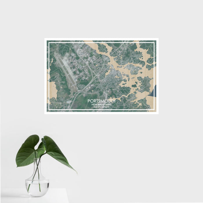 16x24 Portsmouth New Hampshire Map Print Landscape Orientation in Afternoon Style With Tropical Plant Leaves in Water