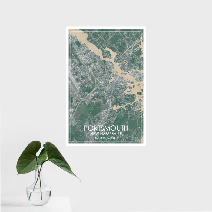 16x24 Portsmouth New Hampshire Map Print Portrait Orientation in Afternoon Style With Tropical Plant Leaves in Water