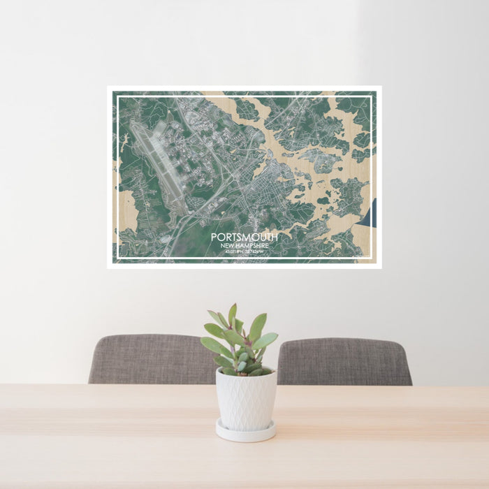 24x36 Portsmouth New Hampshire Map Print Lanscape Orientation in Afternoon Style Behind 2 Chairs Table and Potted Plant
