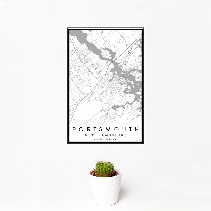 12x18 Portsmouth New Hampshire Map Print Portrait Orientation in Classic Style With Small Cactus Plant in White Planter